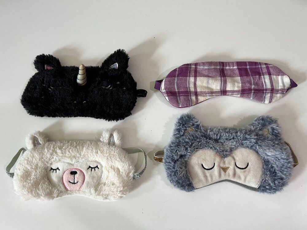 4 Kids Child Sleeping Animal Eye Masks  - Unicorn, Bear, Cat, Purple Plaid
